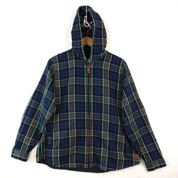 LL Bean Hoodie Women L Blue Scotch Plaid Relaxed Full Zip Flannel Shacket 502092 - Picture 1 of 16